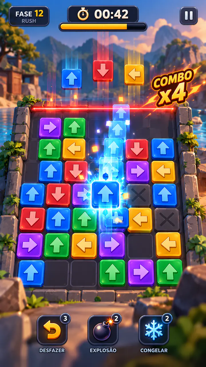 Quiver Rush mode screen: a board of colorful arrows